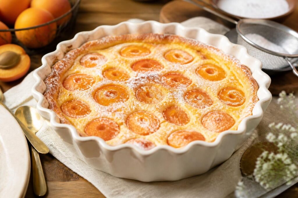 Aprikosen-Clafoutis frisch aus dem Ofen, goldbraun gebacken in einer runden Auflaufform, mit Puderzucker bestäubt