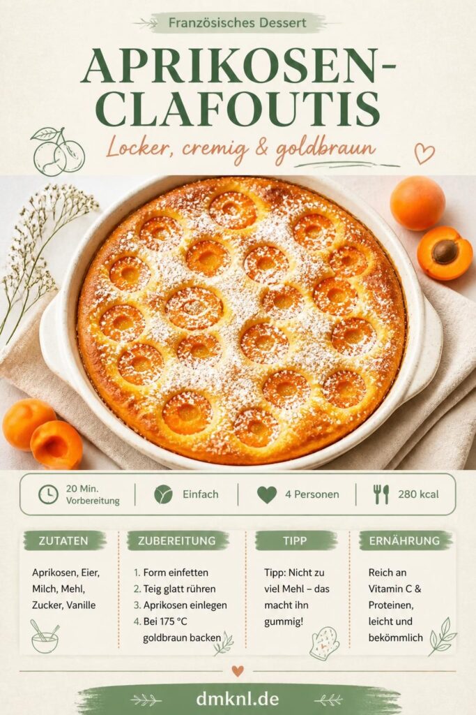 Aprikosen-Clafoutis aus dem Ofen, goldbraun mit Puderzucker bestäubt, Pin-Bild für Pinterest