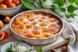 Aprikosen-Clafoutis frisch aus dem Ofen in einer runden Backform, goldbraun und locker, mit Puderzucker bestäubt und frischen Aprikosen daneben