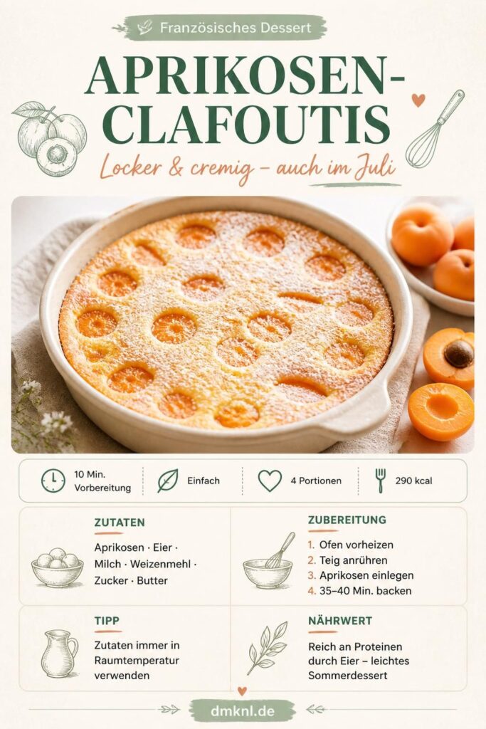 Aprikosen-Clafoutis aus dem Ofen auf Pinterest merken — luftiges Sommerrezept mit frischen Aprikosen