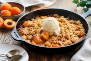 Aprikosen-Crumble aus der Pfanne mit goldbraunen Streuseln und frischen Aprikosenhälften, serviert mit einer Kugel Vanilleeis