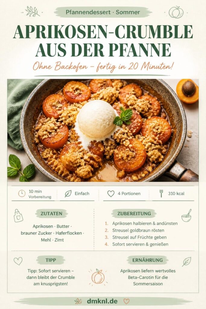Aprikosen-Crumble aus der Pfanne mit goldbraunen Streuseln und Vanilleeis – Pinterest Rezeptkarte