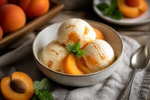 Cremiges Aprikosen-Joghurt-Eis in einer Schüssel, garniert mit frischen Aprikosenscheiben und einem Zweig Minze, auf hellem Holzuntergrund