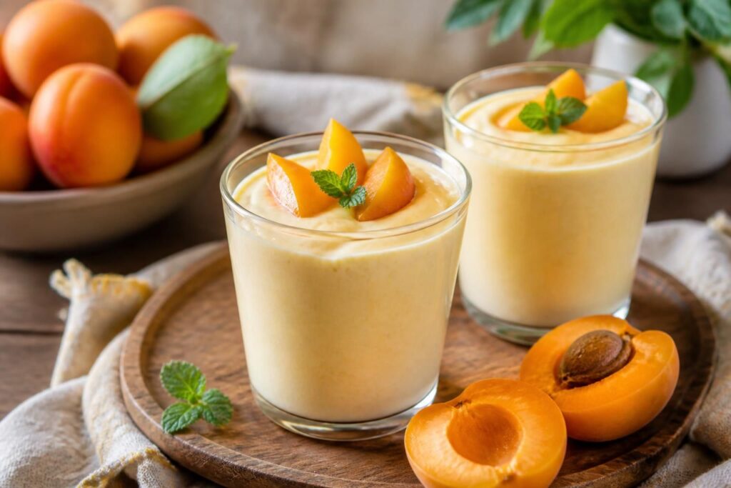 Aprikosen-Lassi mit Joghurt in zwei hohen Gläsern, garniert mit frischen Aprikosenstücken und einer Prise Kardamom, auf hellem Holztisch