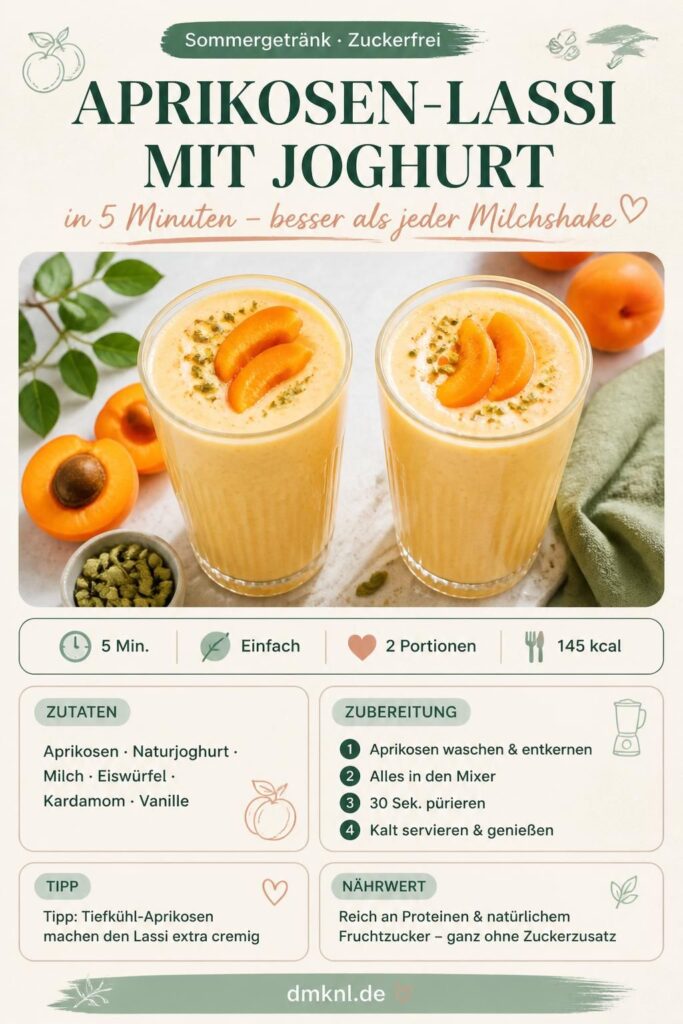 Aprikosen-Lassi mit Joghurt – zuckerfrei in 5 Minuten, Pinterest-Rezeptkarte