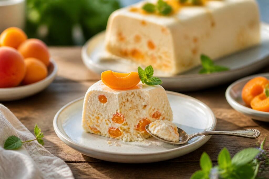 Aprikosen-Semifreddo ohne Eismaschine – samtige Scheiben auf weißem Teller mit frischen Aprikosenhälften und Minzblättern