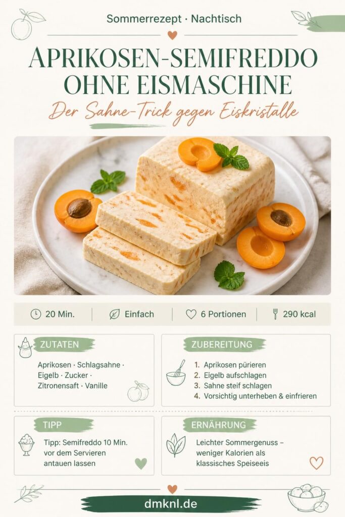 Aprikosen-Semifreddo ohne Eismaschine – Pinterest-Bild mit Zutaten und Zubereitungsschritten