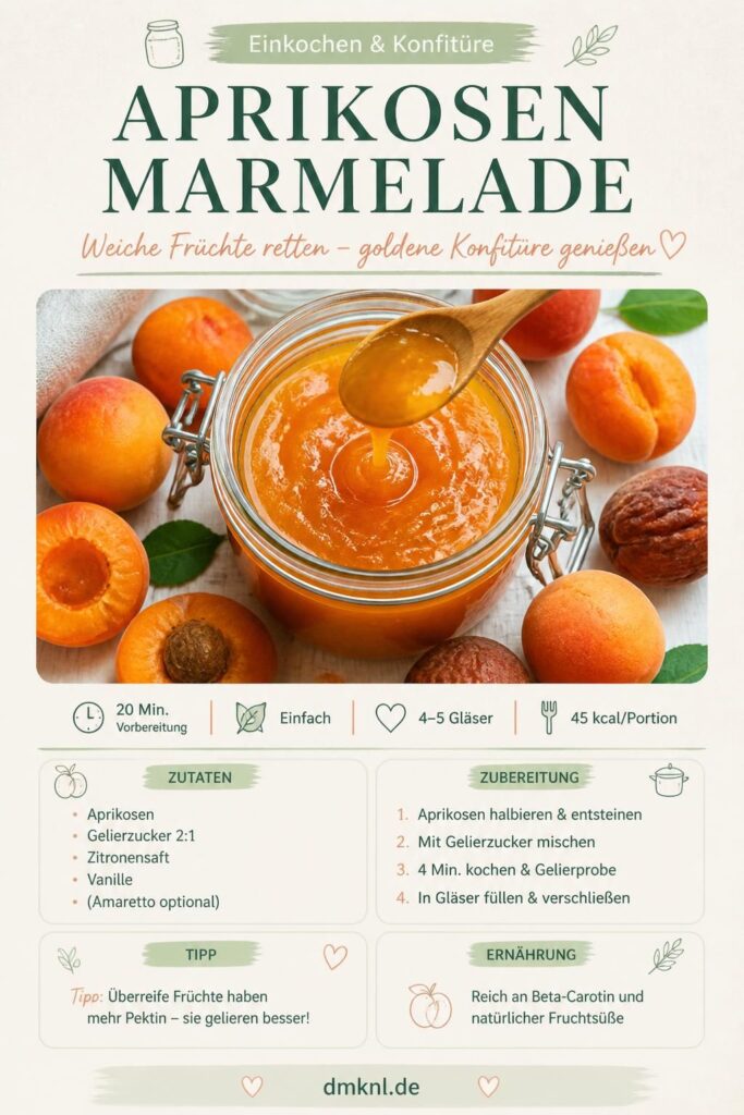 Aprikosenmarmelade in Einmachglas mit frischen Aprikosen, Pinterest-Rezeptkarte