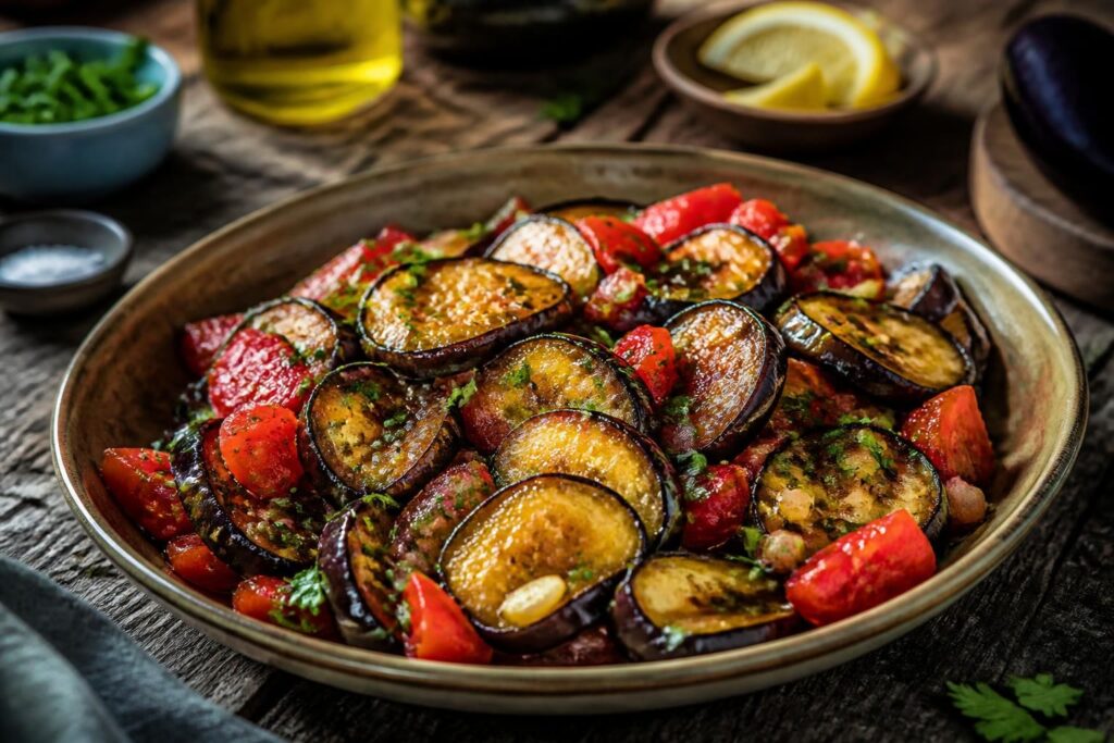 Auberginen-Tomaten-Salat aus der Pfanne mit Essig-Trick, kalt serviert mit frischen Kräutern und Olivenöl auf einem weißen Teller