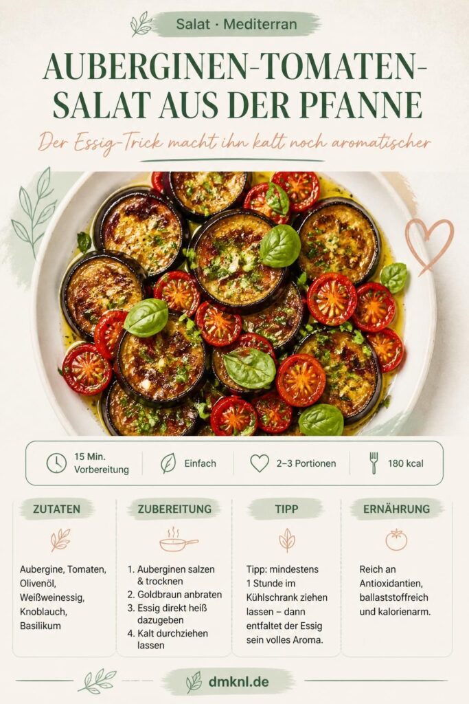 Auberginen-Tomaten-Salat aus der Pfanne mit Essig-Trick, kalt serviert mit Basilikum und Olivenöl