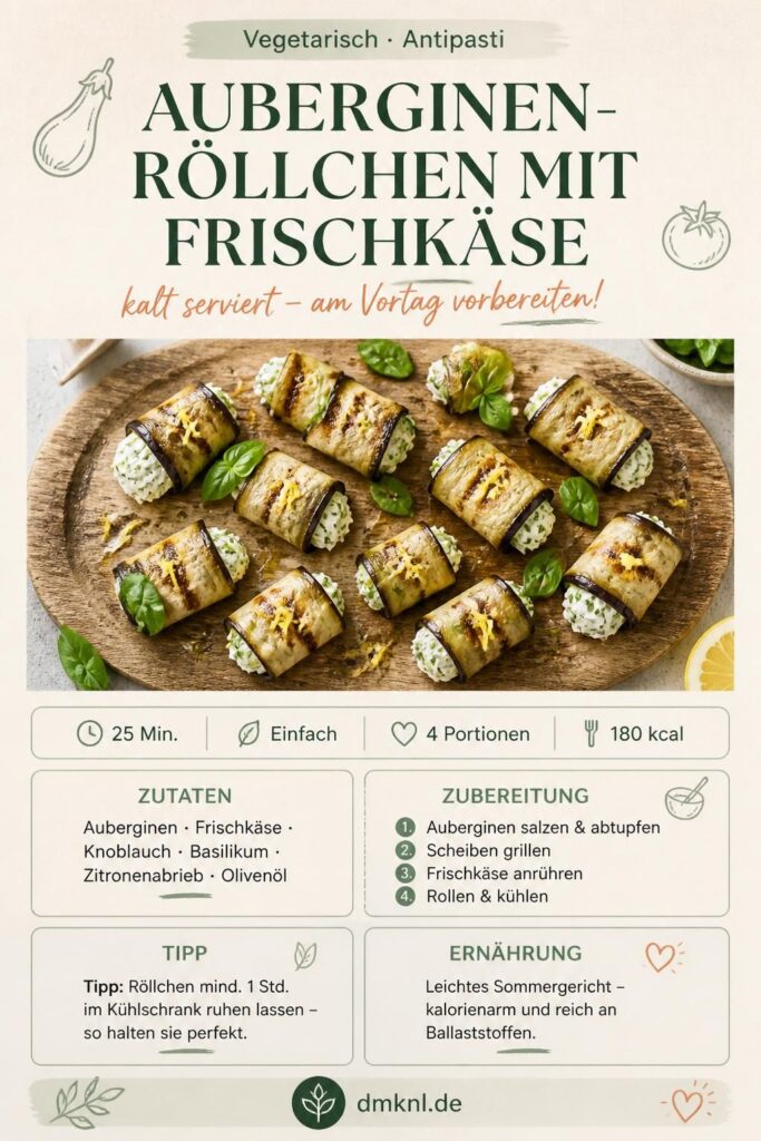 Kalte Auberginen-Röllchen mit Kräuterfrischkäse auf einem Holzbrett – Pinterest-Rezeptkarte
