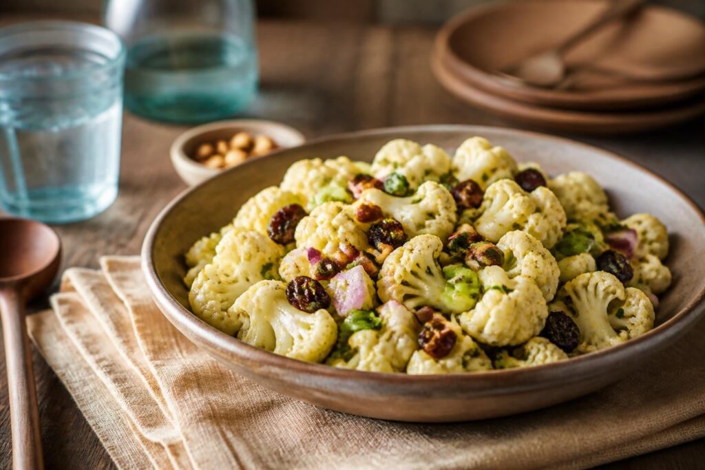 Kalter Blumenkohl-Currysalat in einer weißen Schüssel, knackige Röschen mit gelbem Currydressing, frische Kräuter obenauf, Draufsicht auf hellem Holztisch