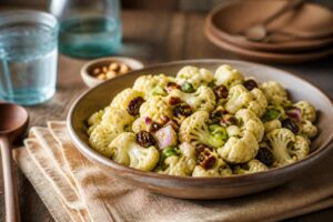 Kalter Blumenkohl-Currysalat in einer weißen Schüssel, knackige Röschen mit gelbem Currydressing, frische Kräuter obenauf, Draufsicht auf hellem Holztisch
