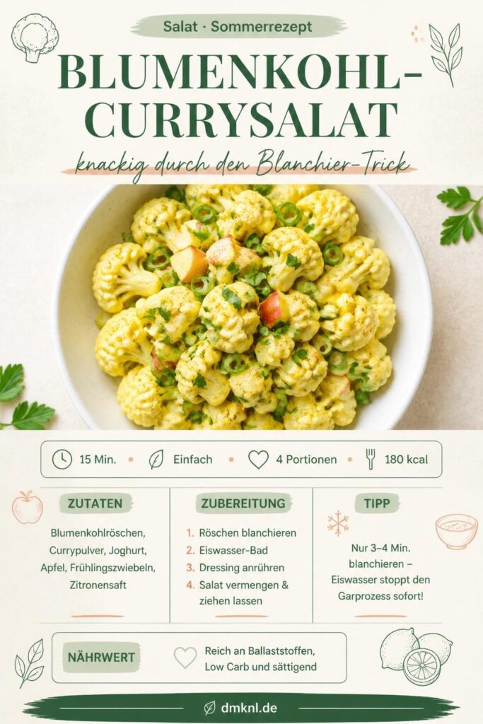 Kalter Blumenkohl-Currysalat mit goldenem Currydressing – knackig durch den Blanchier-Trick