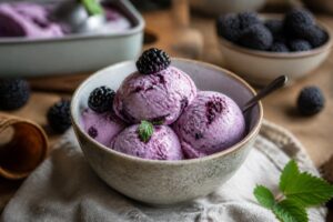 Cremiges Brombeer-Joghurt-Eis ohne Eismaschine in einer Auflaufform, portioniert mit einem Eisportionierer, garniert mit frischen Brombeeren auf Holzuntergrund