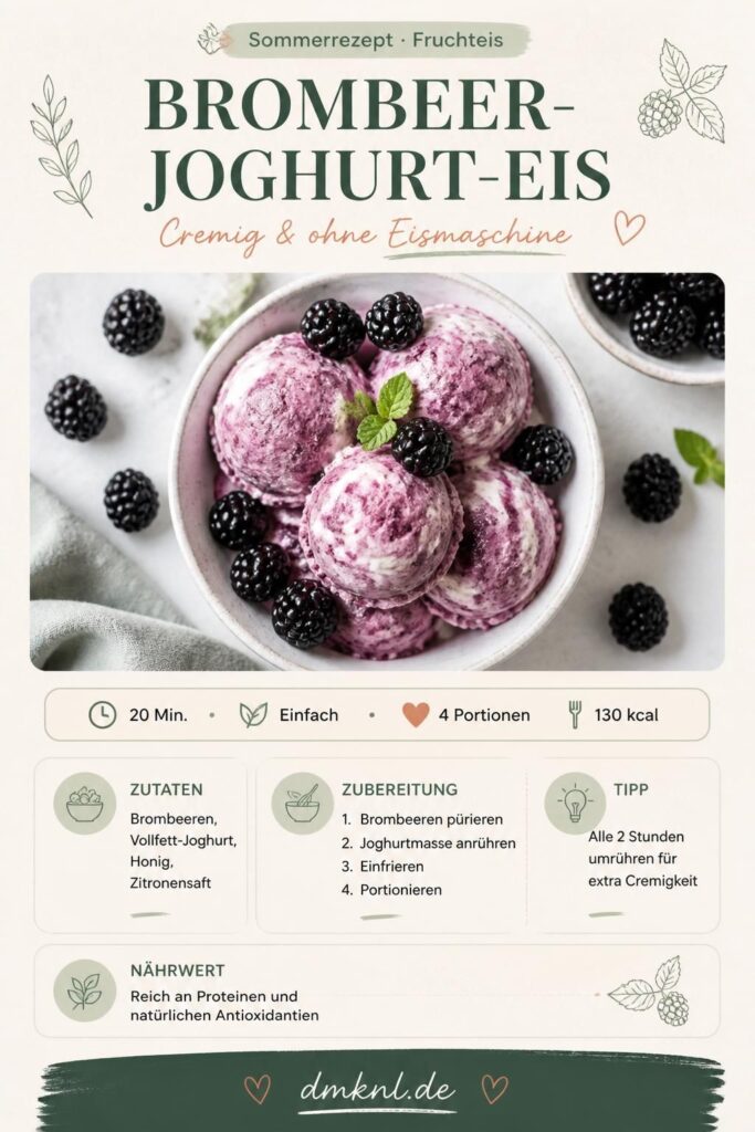 Cremiges Brombeer-Joghurt-Eis ohne Eismaschine, portioniert in einer weißen Schale mit frischen Brombeeren