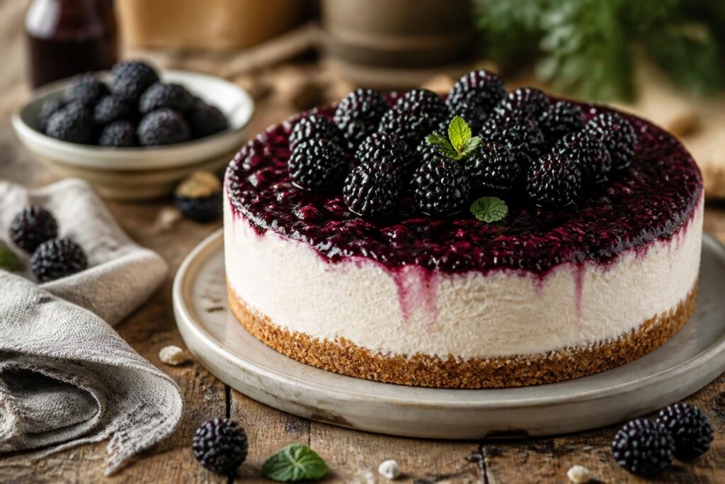 Brombeer-Käsekuchen ohne Backen auf einem Kuchenständer – cremige Frischkäsefüllung auf Keksboden mit frischen Brombeeren als Topping