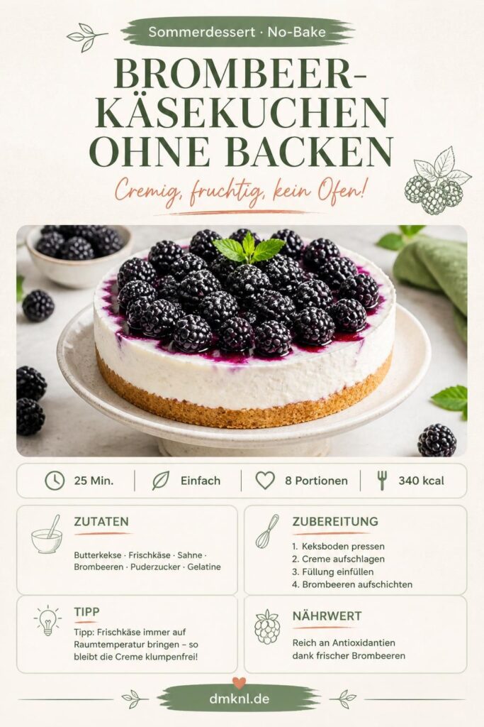 Brombeer-Käsekuchen ohne Backen auf Keksboden mit frischen Brombeeren – No-Bake-Rezept für den Sommer