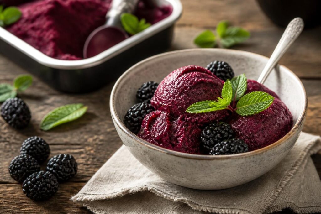 Cremiges Brombeer-Sorbet ohne Eismaschine in einer Schale, tiefviolett und glatt, garniert mit frischen Brombeeren und Minzblättern