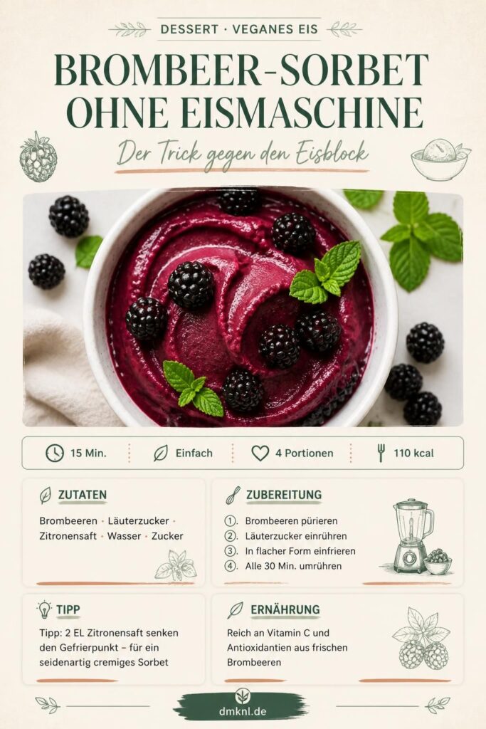 Cremiges Brombeer-Sorbet ohne Eismaschine: tiefviolette Kugeln in einer weißen Schale mit frischen Brombeeren