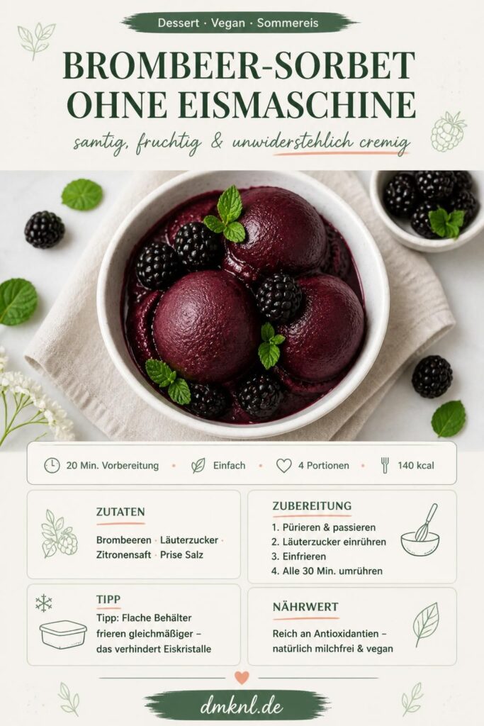 Brombeer-Sorbet ohne Eismaschine – cremig und fruchtig, tiefviolett in einer weißen Schale