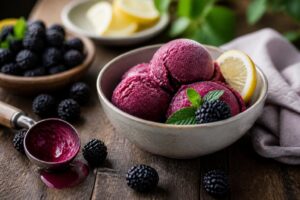 Cremiges Brombeer-Sorbet ohne Eismaschine in einer weißen Schale, garniert mit frischen Brombeeren und Minzblättern