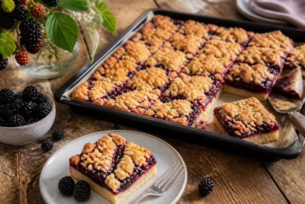 Brombeer-Streuselkuchen vom Blech mit goldbraunen Streuseln und frischen Brombeeren, angeschnitten auf einem Backblech
