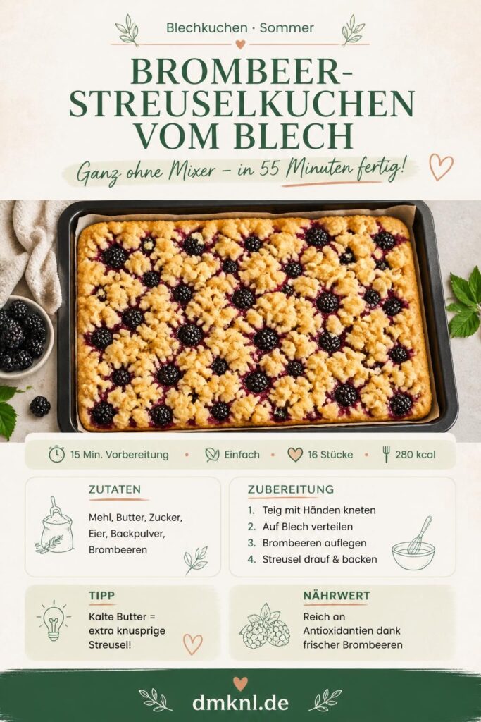 Brombeer-Streuselkuchen vom Blech mit goldbraunen Streuseln und frischen Brombeeren