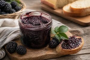 Selbst gemachte Brombeermarmelade ohne Gelierzucker im Glas, mit frischen Brombeeren daneben auf einem Holzbrett