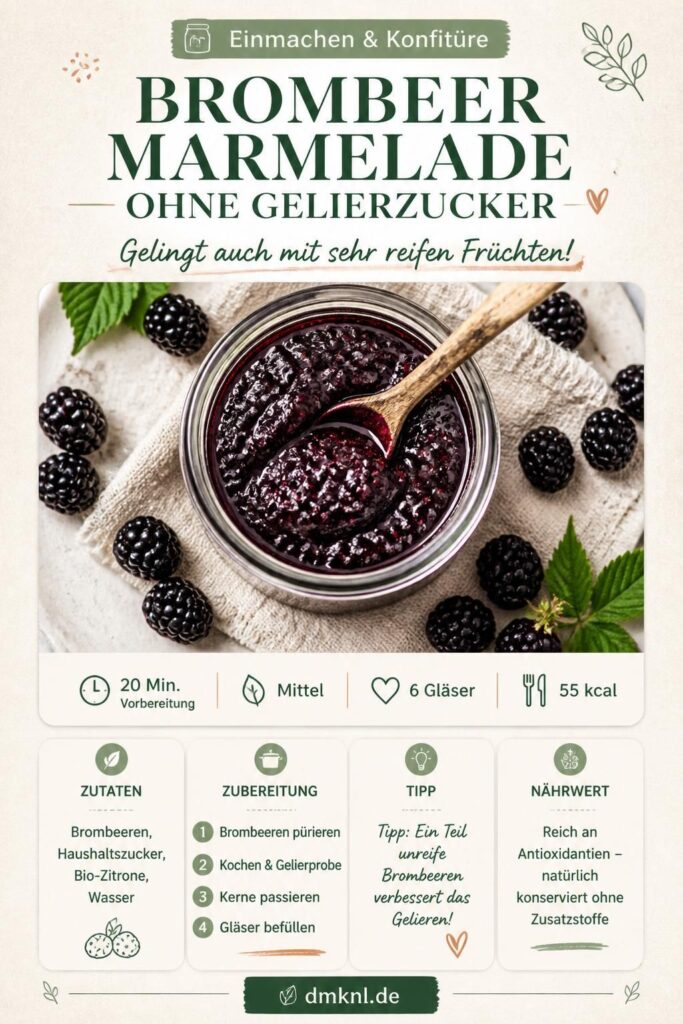 Brombeermarmelade ohne Gelierzucker – Pinterest-Rezeptkarte mit Zutaten und Schritten