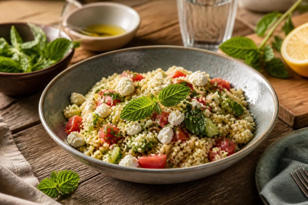 Bulgur-Salat mit Feta und Minze in einer weißen Schüssel, garniert mit frischer Minze, Cherrytomaten und zerbröckeltem Feta, serviert auf einem Holztisch