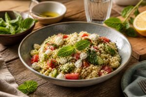 Bulgur-Salat mit Feta und Minze in einer weißen Schüssel, garniert mit frischer Minze, Cherrytomaten und zerbröckeltem Feta, serviert auf einem Holztisch