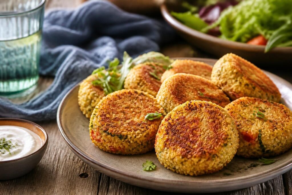 Goldbraune Couscous-Taler aus der Pfanne auf einem Teller mit Joghurt-Dip und frischen Kräutern