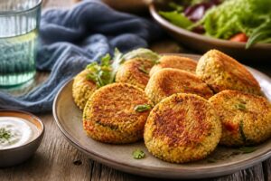 Goldbraune Couscous-Taler aus der Pfanne auf einem Teller mit Joghurt-Dip und frischen Kräutern