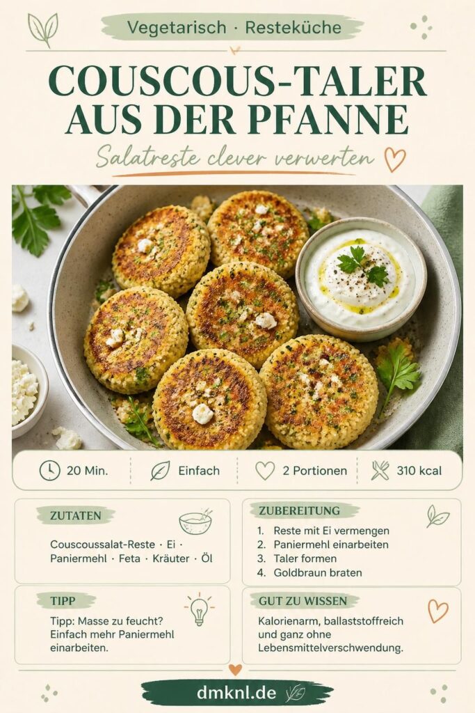 Couscous-Taler aus der Pfanne mit Joghurt-Dip – Pinterest-Rezeptkarte