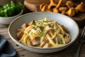 Cremige Pfifferling-Pasta mit frischen Kräutern und Parmesan in einem weißen Pastateller, goldbraune Pfifferlinge sichtbar, Draufsicht