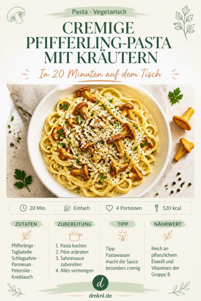 Cremige Pfifferling-Pasta mit Kräutern und Parmesan – Pinterest-Rezeptbild