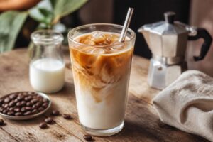 Cremiger Eiskaffee im hohen Glas mit geschichteter Milch, Kaffeeschaum und Eiswürfeln – zubereitet ohne Maschine in 3 Minuten