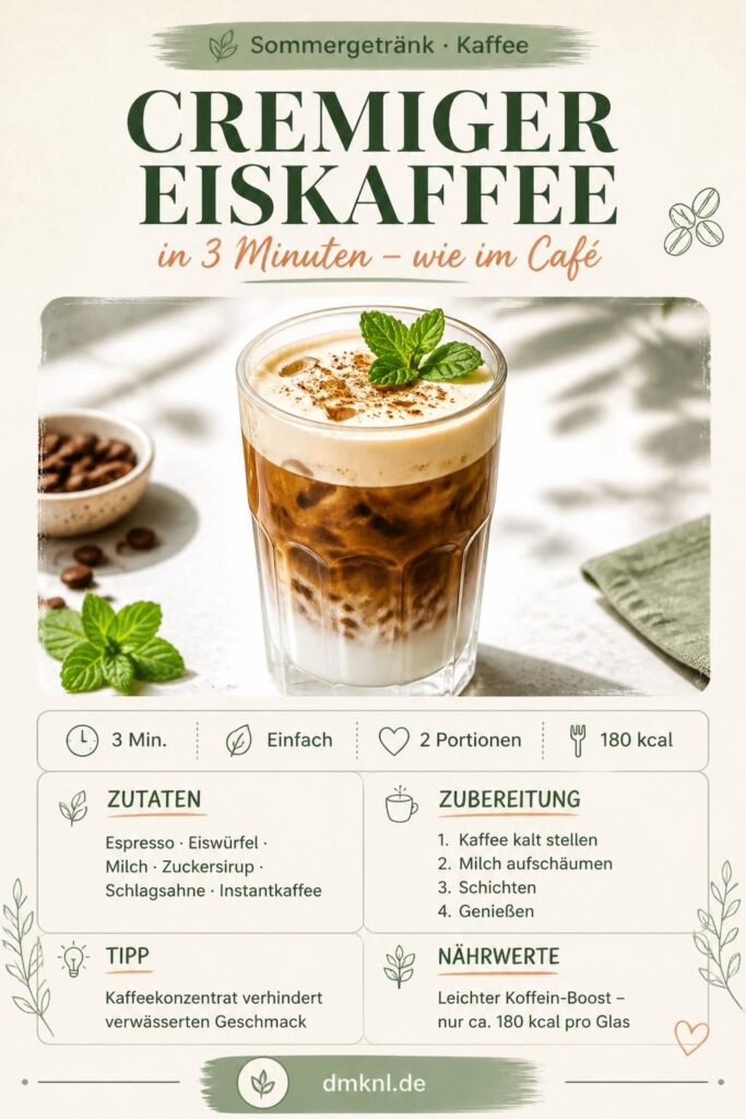 Cremiger Eiskaffee im hohen Glas, geschichtet mit Milchschaum und Eiswürfeln – Pinterest-Rezeptkarte