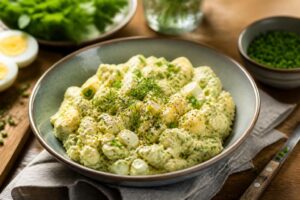 Sommerlicher Eiersalat ohne Mayonnaise mit Joghurt, Frühlingszwiebeln und frischem Dill in einer weißen Schüssel