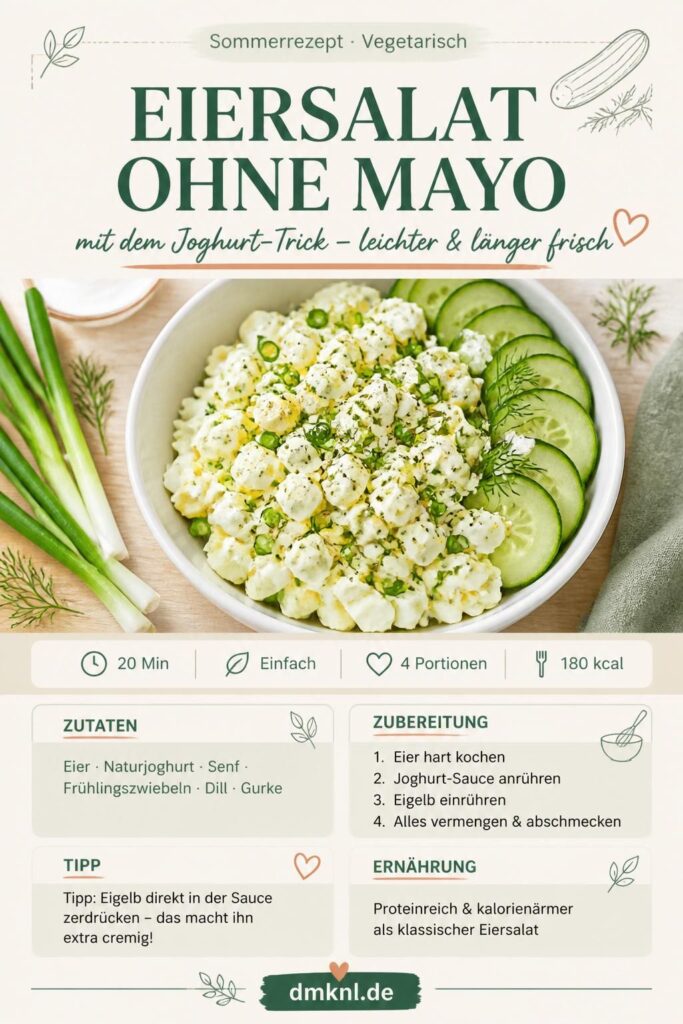 Sommerlicher Eiersalat ohne Mayonnaise mit Joghurt und frischem Dill – Pinterest Rezeptkarte