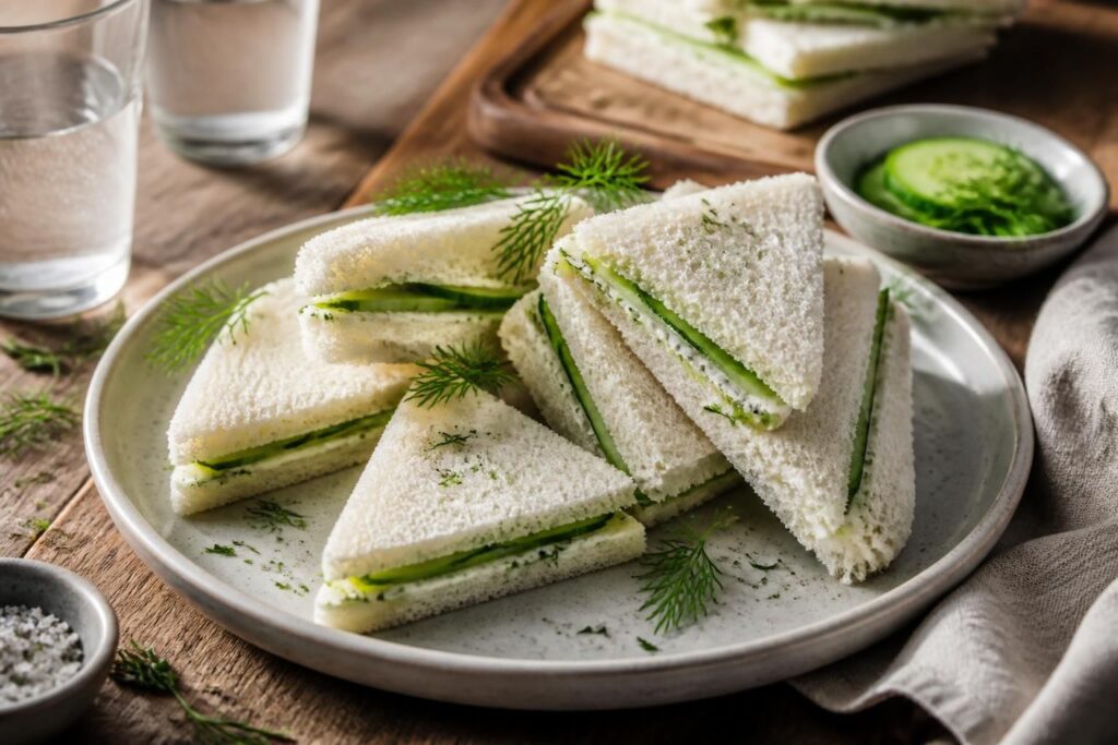Englische Gurkensandwiches auf einem Holzbrett – hauchdünn geschnittene Salatgurke auf Weißbrot mit Butter, in Dreiecke geschnitten, bereit für die Afternoon Tea