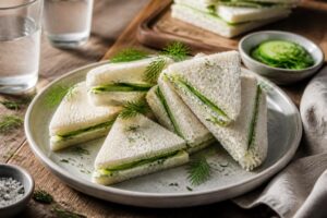 Englische Gurkensandwiches auf einem Holzbrett – hauchdünn geschnittene Salatgurke auf Weißbrot mit Butter, in Dreiecke geschnitten, bereit für die Afternoon Tea