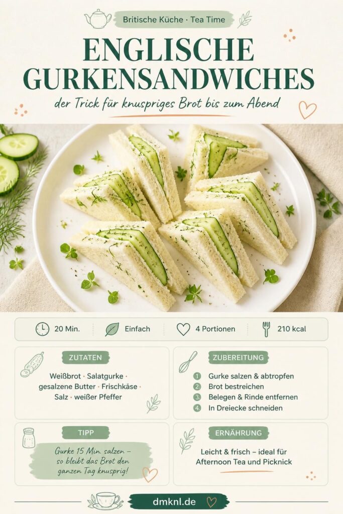 Englische Gurkensandwiches in Dreiecke geschnitten auf einer Servierplatte zur Tea Time