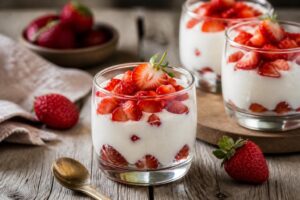 Erdbeer-Quark-Dessert im Glas ohne Gelatine – cremige Quarkcreme mit frischem Erdbeerpüree und Keksbröseln, in vier Gläsern angerichtet