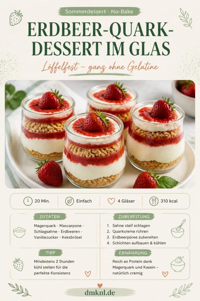 Erdbeer-Quark-Dessert im Glas ohne Gelatine – löffelfeste Quarkcreme mit Erdbeerpüree und Keksbröseln