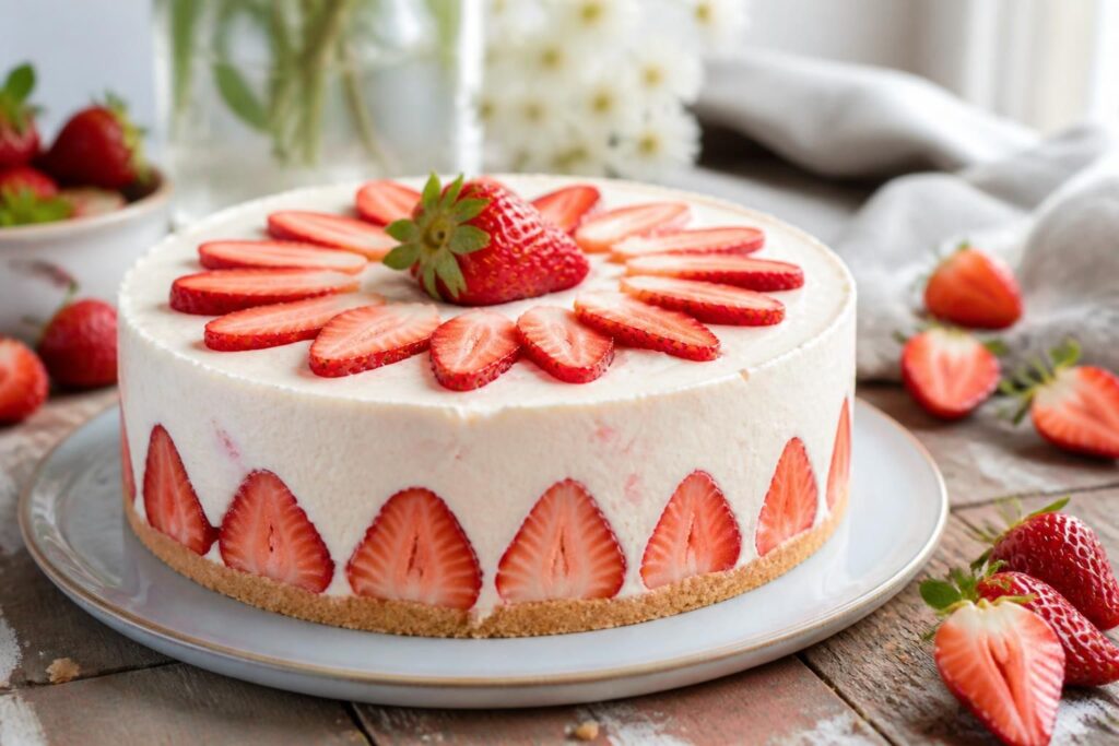 Erdbeer-Sahne-Torte ohne Backen mit Mascarpone-Sahnecreme und frischen Erdbeeren auf einem Löffelbiskuit-Boden, angeschnitten auf einem Holzbrett
