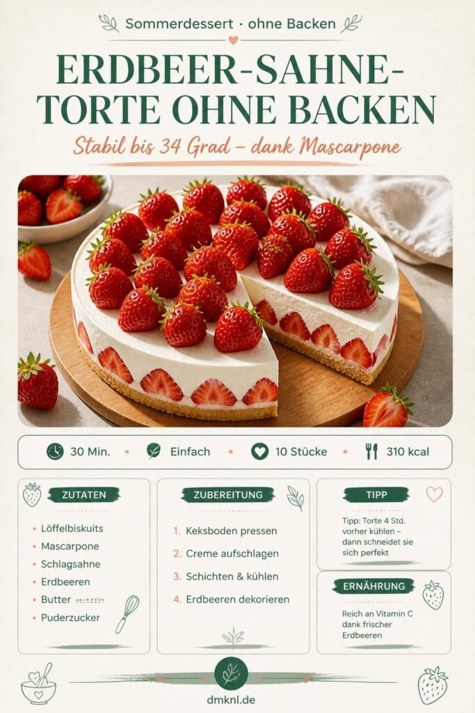 Erdbeer-Sahne-Torte ohne Backen mit Mascarpone-Creme und frischen Erdbeeren – Pinterest-Bild