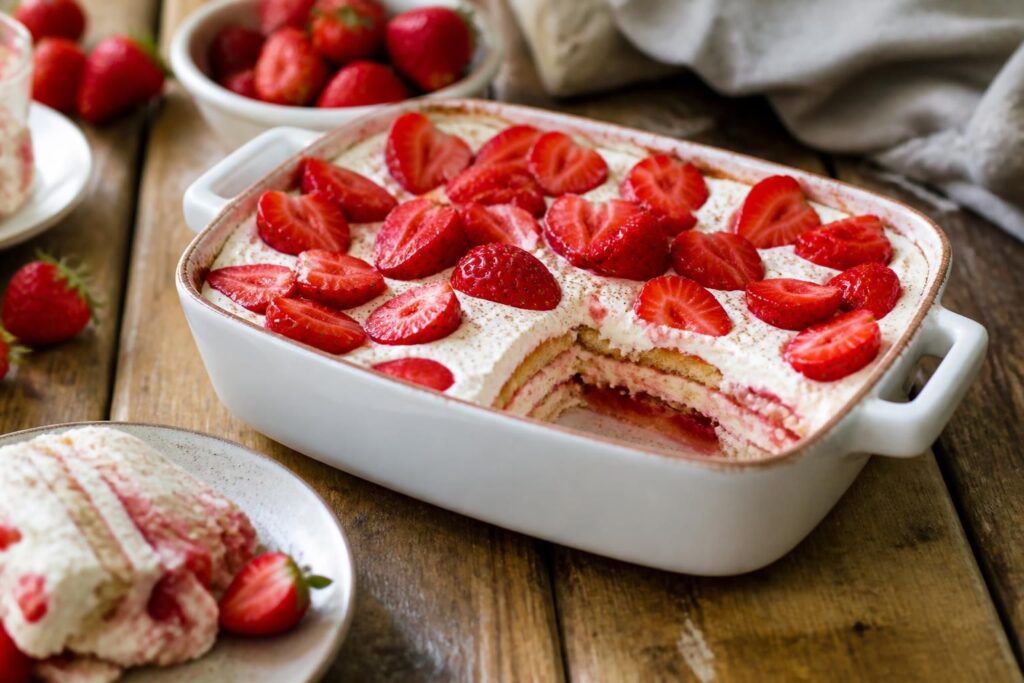 Erdbeer-Tiramisu ohne Ei mit Aquafaba-Mascarponecreme, im Glas angerichtet, mit frischen Erdbeerscheiben garniert