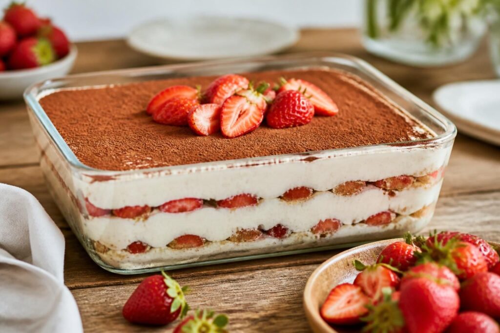 Erdbeer-Tiramisu ohne Ei in einer Glasform, mit sichtbaren Schichten aus Mascarponecreme, Löffelbiskuits und frischen Erdbeeren, von oben fotografiert